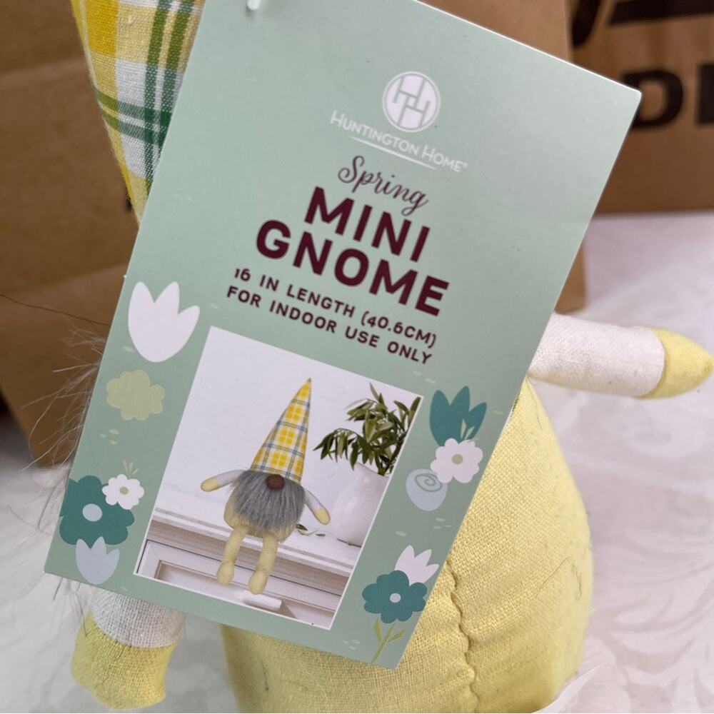 Aldi Huntington Home Spring Mini Gnome 16" Yellow Plaid Stripes NWT - Picture 7 of 9